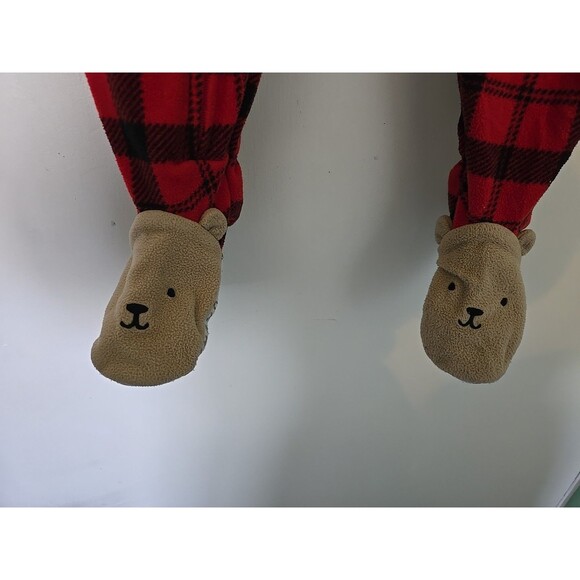 Carter's Baby 9 Months Cute Bear Footie Cozy Fleece Buffalo Plaid 1-Piece Red 9M - Picture 2 of 9